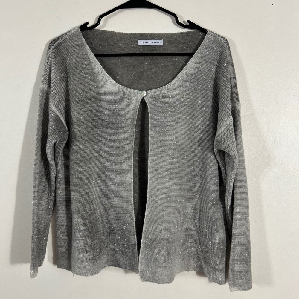 Tempo Paris Gray Open-Front Sparkle Knit Sweater